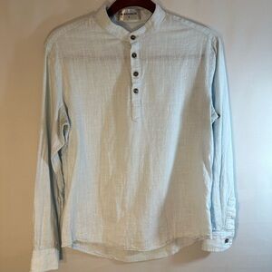 Nearkin Blue Cotton Roll Up Tap Long Sleeves Shirt Tunic Blouse Front Buttons S